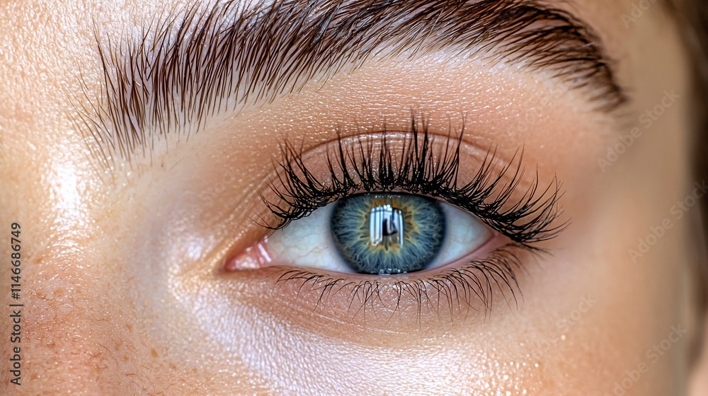 Obraz premium Close-up of a woman's blue eye with long eyelashes and subtle makeup.
