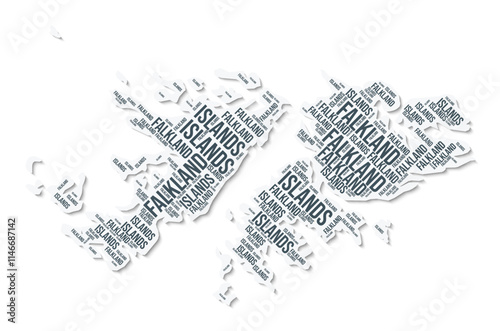 Falkland Islands shape text cloud. Country border with shadow on white background. Falkland Islands with regions division in vintage gazette style. Artistic vector illustration.