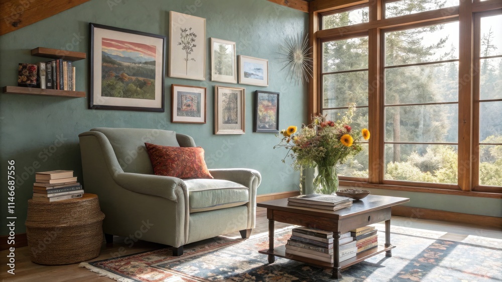 Fototapeta premium A cozy reading nook with a plush armchair, a charming coffee table stacked with books, and a window showcasing a verdant forest view