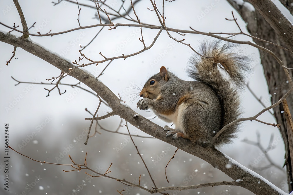Squirrel Eating on a Branch in a Snowy Winter Scene Squirrel Eating on a Branch in a Snowy Winter Scene