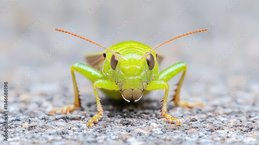 Close-up of a vibrant green grasshopper facing the camera on a textured surface. Close-up of a vibrant green grasshopper facing the camera on a textured surface.