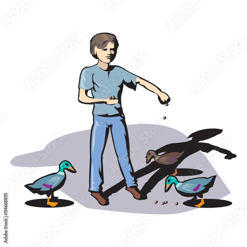 Cartoon character illustration of Little boy feeds a ducks