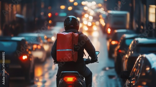 Delivery driver on scooter in city traffic at night. photo