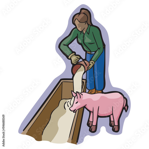 Cartoon character illustration of woman feeds a cow vector