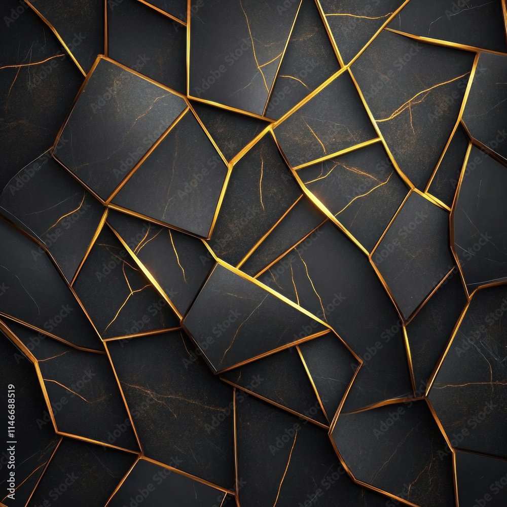 Geometric abstract design with black tiles and gold accents Geometric abstract design with black tiles and gold accents