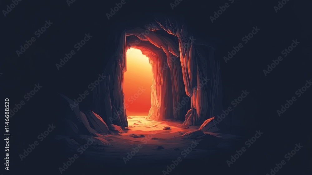 Naklejka premium A cave entrance illuminated by warm light, suggesting mystery and exploration.
