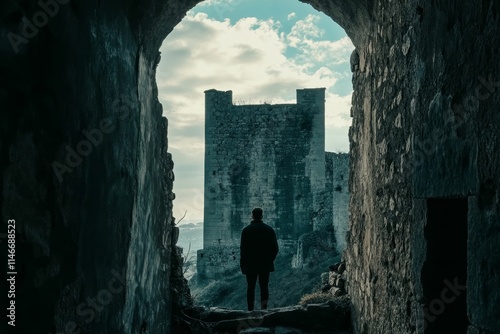 Person silhouetted, ancient stone structure, ruin passage. photo