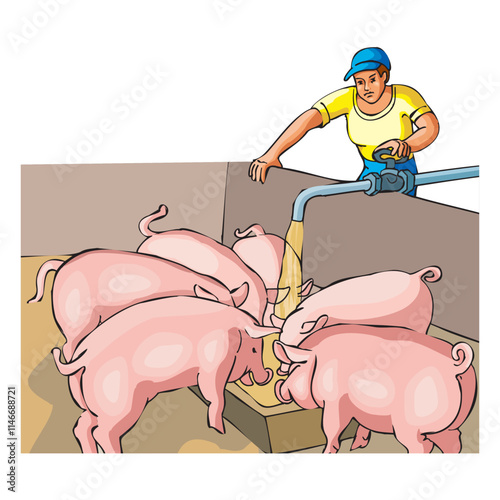 man woker feeds some pigs. Cartoon character.