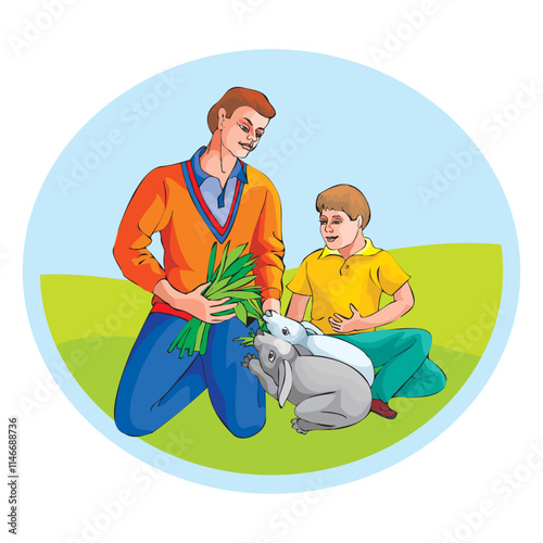 man and boy feeds rabbits. Cartoon character.