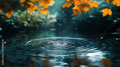 A lifelike image of droplets forming ripples as they fall into a calm pool of water, with soft reflections and natural lighting. photo