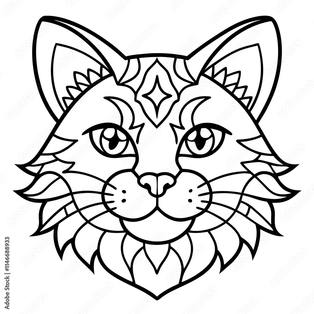 A cat face coloring page featuring a mandala pattern with intricate details A cat face coloring page featuring a mandala pattern with intricate details