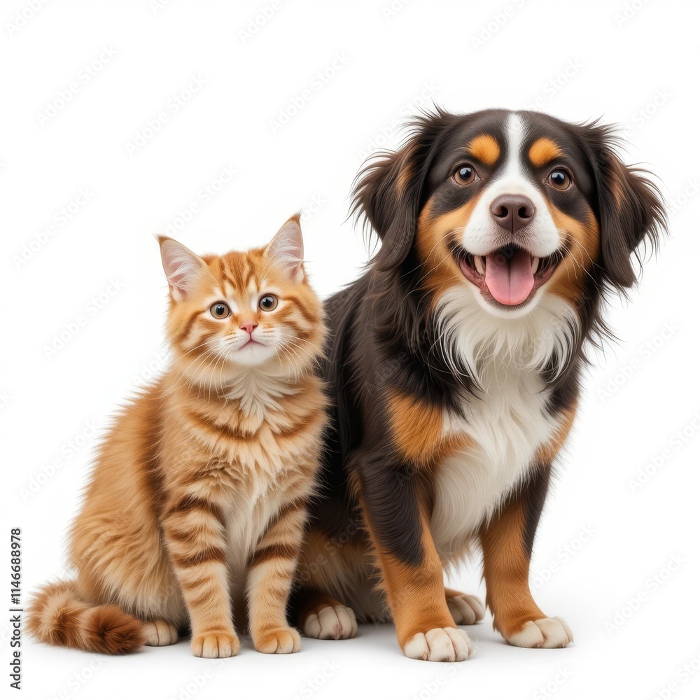 Fototapeta premium Adorable Kitten and Happy Bernese Mountain Dog Posing Together Against White Background Studio Shot