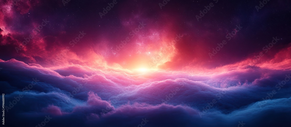 Vibrant sunset over a sea of clouds, cosmic fantasy landscape.