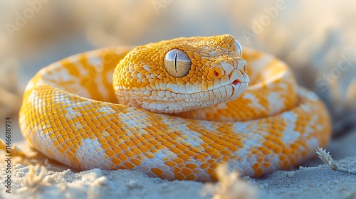 A lifelike photo of a sand viper blending seamlessly with its desert environment, its camouflage patterns captured with precise detail through a high-resolution camera. photo