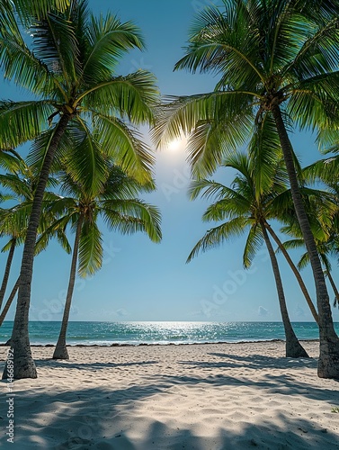 A serene beach scene featuring lush palm trees silhouetted against a vibrant sky, with sunlight glistening on the tranquil ocean waters, creating a peaceful tropical atmosphere.