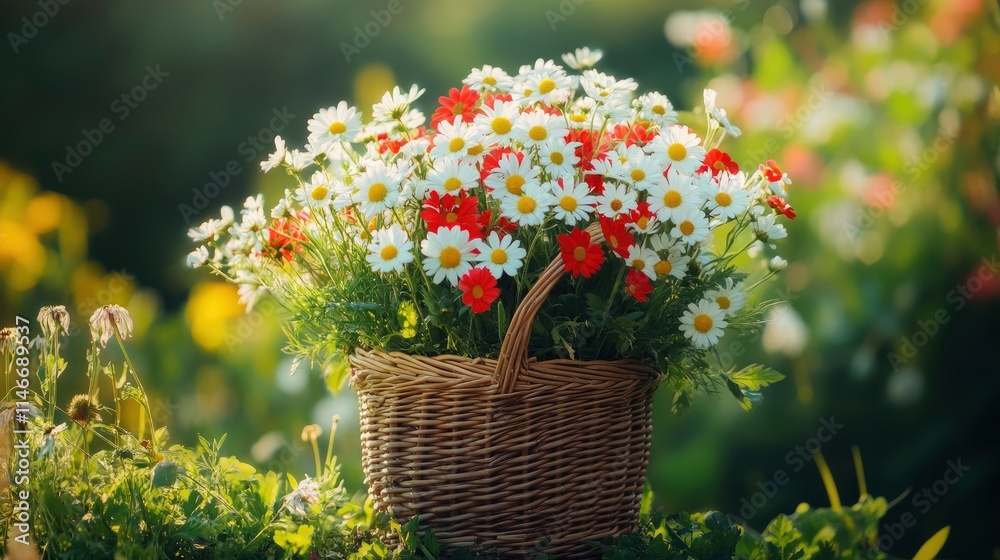 flowers bouquet in wicker basket on table in garden, abstract natural green background. spring, summer season. rustic still life with meadow flowers. template for design. copy space flowers bouquet in wicker basket on table in garden, abstract natural green background. spring, summer season. rustic still life with meadow flowers. template for design. copy space