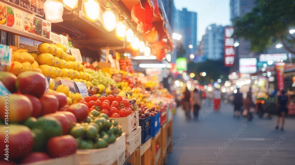 Vibrant Night Market Fruit Stand City Street Scene Vibrant Night Market Fruit Stand City Street Scene