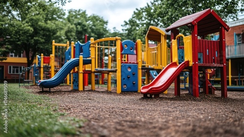 Wallpaper Mural Colorful playground equipment in a park with slides, climbing structures, and a covered playhouse. Torontodigital.ca