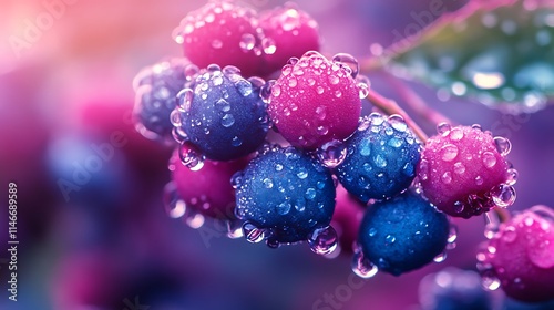 A lifelike photo of morning dew on a cluster of berries, with vibrant colors and droplets reflecting the surrounding environment. photo