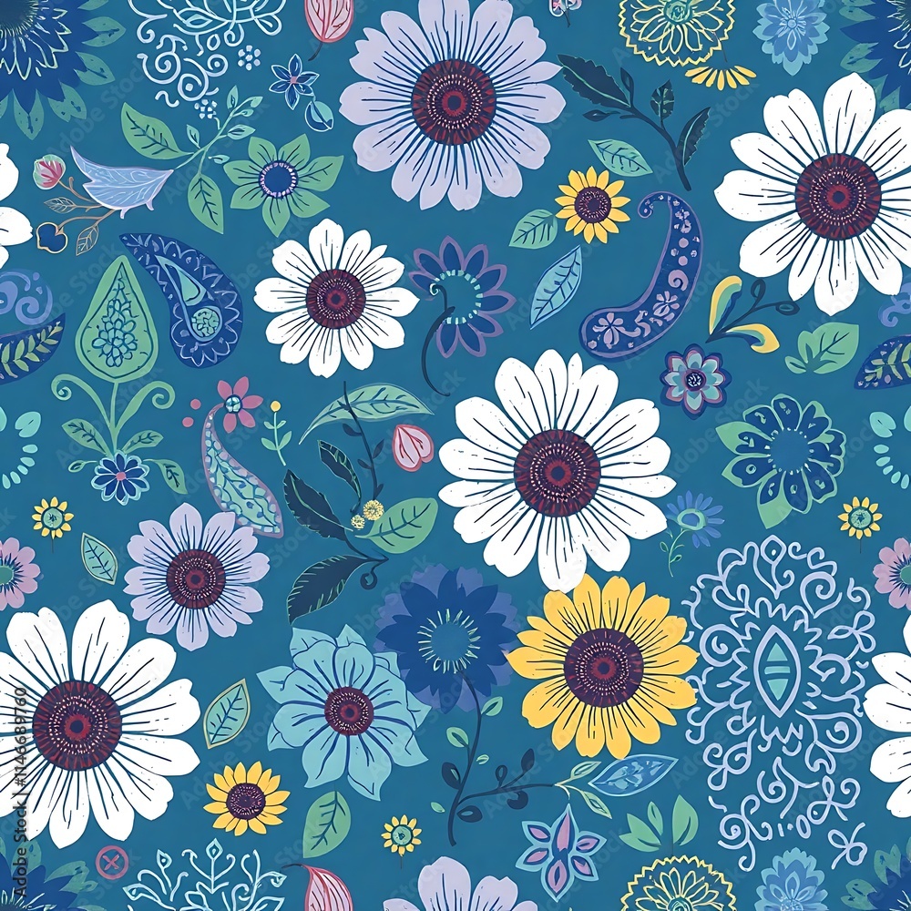 Fototapeta premium Blue Floral Pattern: Vibrant and whimsical, this seamless pattern bursts with color and life. The intricate details and charming flower motifs create a delightful and cheerful backdrop.