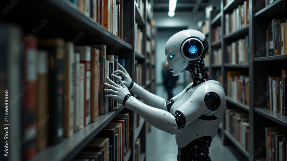 A futuristic robot organizes books in a library, showcasing advanced AI and sleek design. A futuristic robot organizes books in a library, showcasing advanced AI and sleek design.
