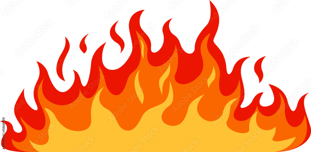 Vibrant red and orange cartoon flames burning with large, dynamic tongues of fire, creating a striking and stylized fiery border against a clean white background Vibrant red and orange cartoon flames burning with large, dynamic tongues of fire, creating a striking and stylized fiery border against a clean white background