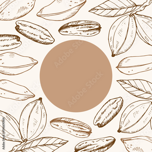 Vector card background with Pecan nuts for text. Hand drawn label with nutty plants. Design element for logo, label, print, sign, paper, template, wrapping