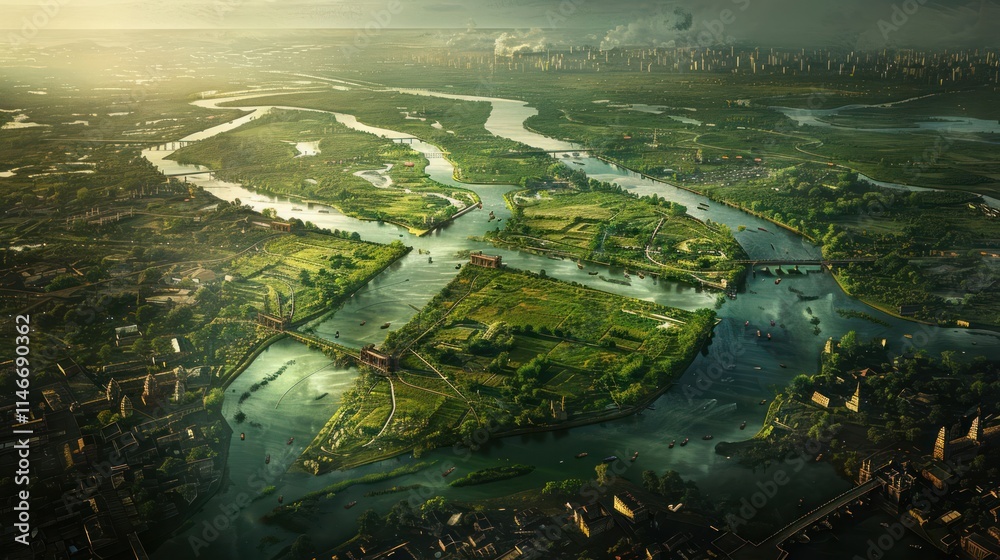 Aerial view of a lush, green landscape with winding rivers and urban elements. Aerial view of a lush, green landscape with winding rivers and urban elements.