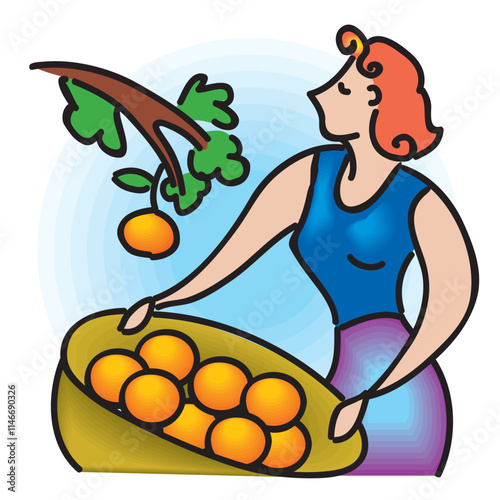 Citrus harvest flat composition with smiling woman collecting fruits vector