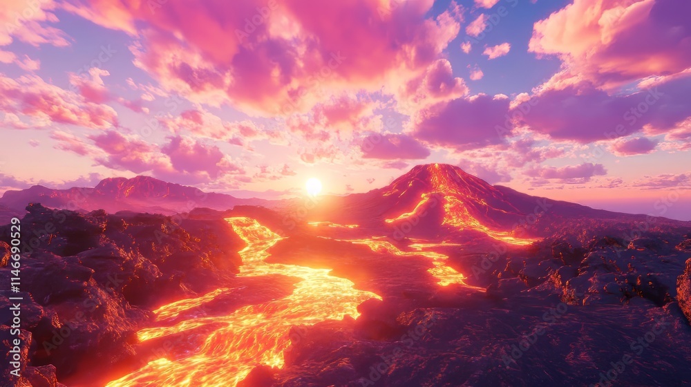 Volcanic Sunset Lava Flows Across Fiery Landscape Volcanic Sunset Lava Flows Across Fiery Landscape