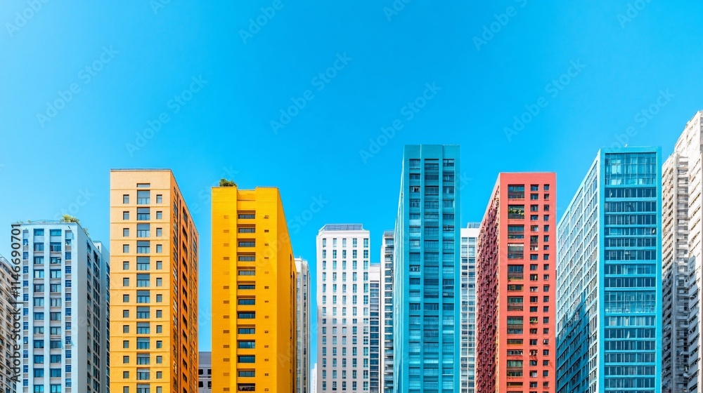 Colorful cityscape skyline under a clear blue sky. Colorful cityscape skyline under a clear blue sky.
