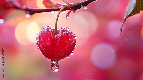 A macro capture of a single cherry with morning dew hanging from its stem, the droplet reflecting the surrounding orchard. photo