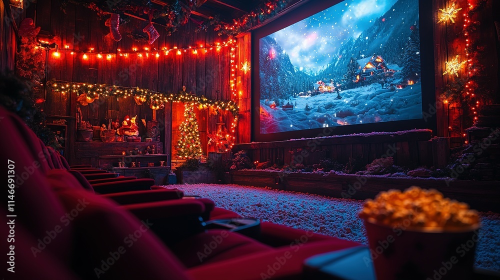 Obraz premium Festive Christmas Movie Theater Home Setup