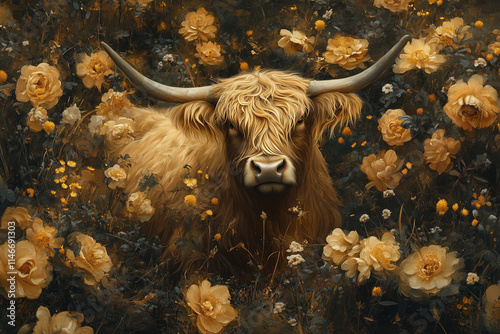 Schottish highland cow with flowers and depth of field artwork 