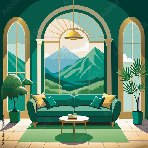 Green room with a mountain scene outside