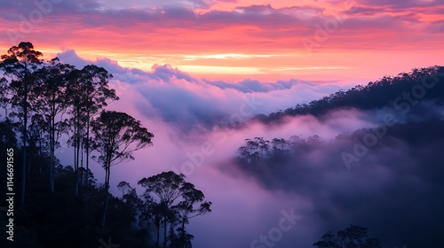 A misty rainforest valley at dawn, with layers of trees emerging through the fog and the sky painted in soft pinks and oranges. photo