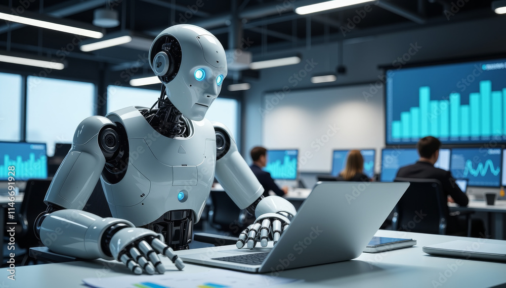 Innovative robot accountant streamlining financial tasks in a modern office setting Innovative robot accountant streamlining financial tasks in a modern office setting