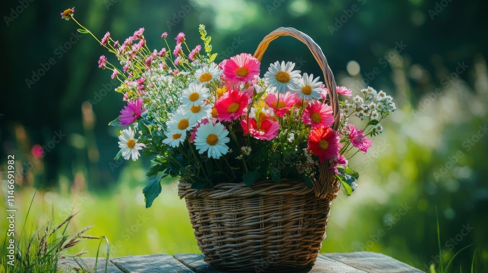 flowers bouquet in wicker basket on table in garden, abstract natural green background. spring, summer season. rustic still life with meadow flowers. template for design. copy space flowers bouquet in wicker basket on table in garden, abstract natural green background. spring, summer season. rustic still life with meadow flowers. template for design. copy space