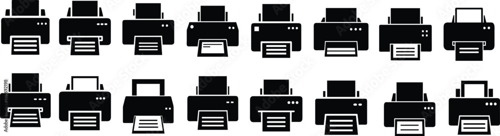 Detailed printer icons set featuring various printer designs, print settings, paper trays, and printing processes. Perfect for tech websites, apps, and educational materials, Detailed printer icons set featuring various printer designs, print settings, paper trays, and printing processes. Perfect for tech websites, apps, and educational materials,
