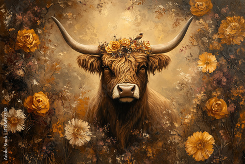 Schottish highland cow with flowers and depth of field artwork 