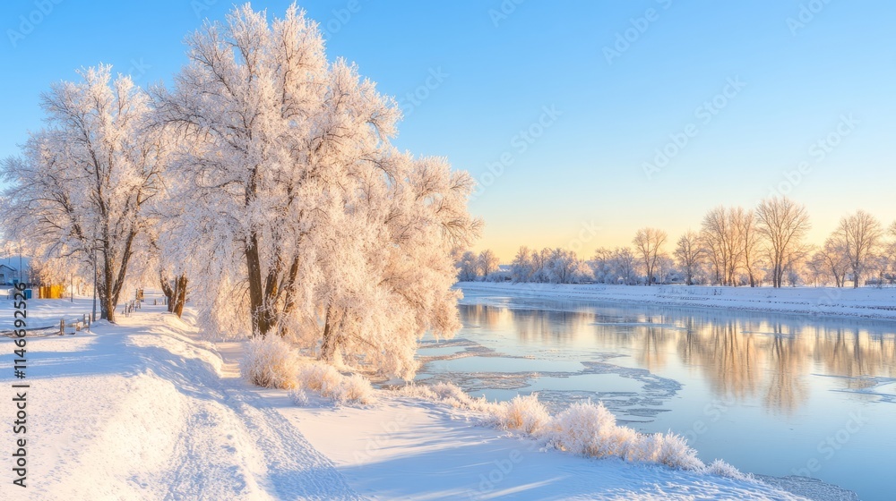 Winter Wonderland River Scene Frosty Trees and Calm Waters Winter Wonderland River Scene Frosty Trees and Calm Waters