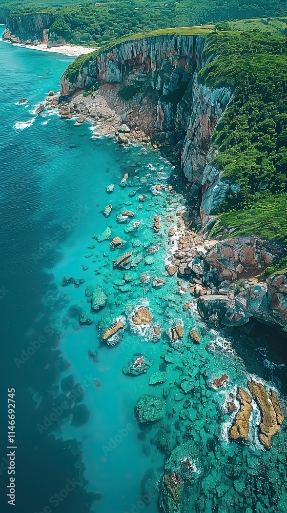 Aerial view of a rocky coastline with clear turquoise waters and lush greenery. Aerial view of a rocky coastline with clear turquoise waters and lush greenery.