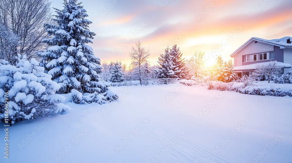 Winter Wonderland Sunrise Snowy House and Trees