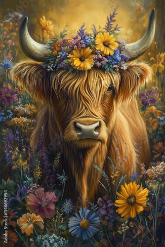 Schottish highland cow with flowers and depth of field artwork 