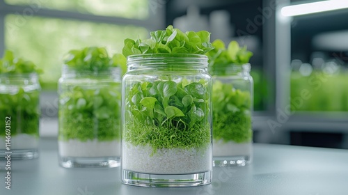 Fresh green lettuce sprouts growing in glass jars, hydroponic system.