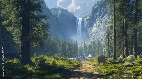 majestic waterfall in a lush mountain valley