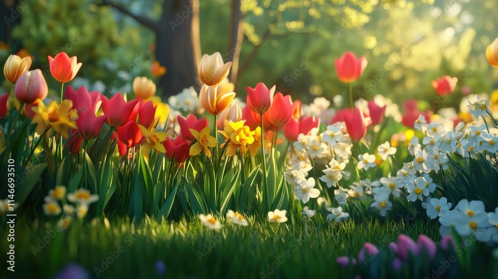 Fototapeta premium spring flowers in a sunlit garden