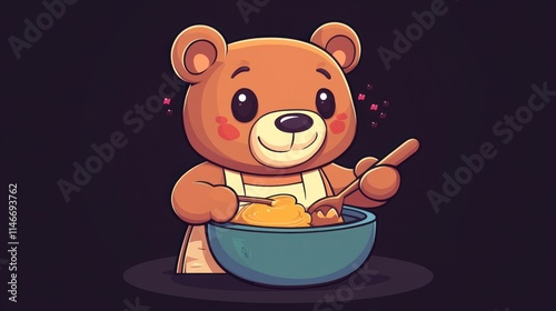 A cheerful bear character mixing a bright yellow substance in a bowl, embodying a playful vibe. photo