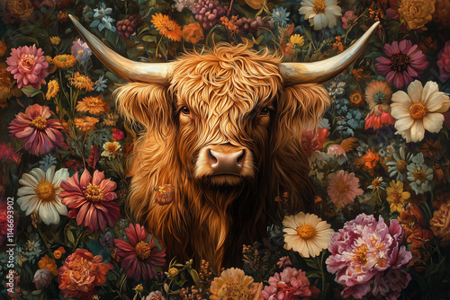 Schottish highland cow with flowers and depth of field artwork 