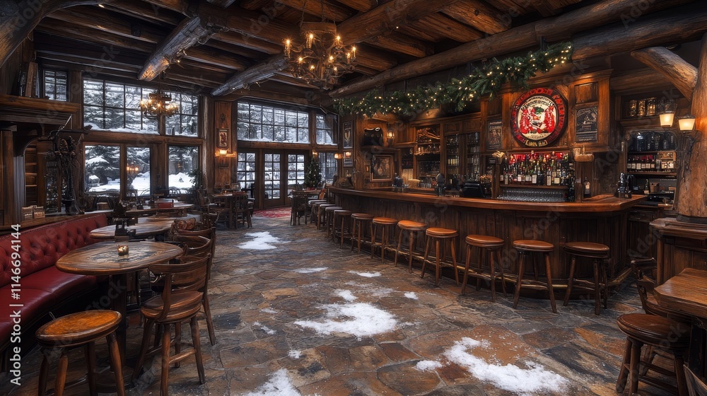 Fototapeta premium Cozy rustic bar interior with warm lights and snowy views